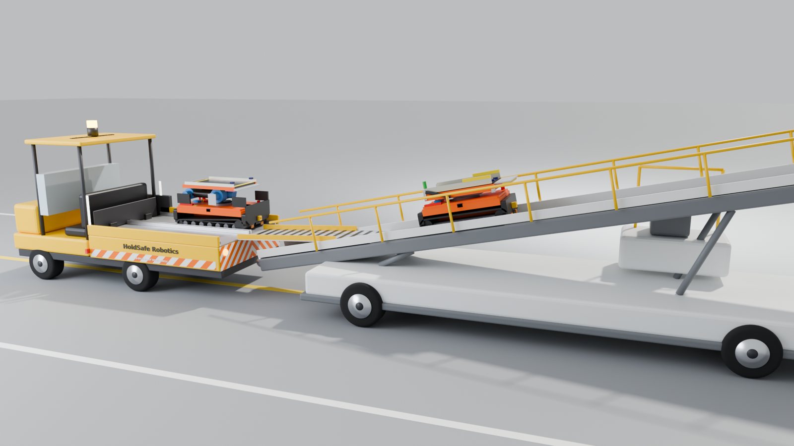 Concept render: Haven parked tail-to-tail with an unmodified belt loader, a robot on the belt