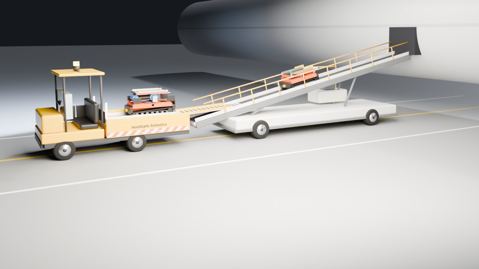Concept render: the HoldSafe Haven dock vehicle parked tail-to-tail with a belt loader, with a robot riding up toward an aircraft hold